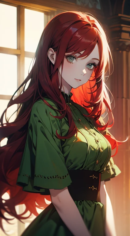 red middle length hair woman with green eyes in fine clothes
