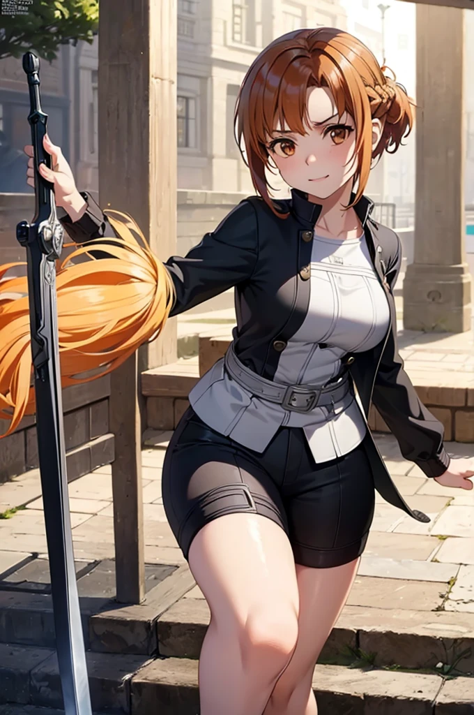 Beautiful 20 year old european woman with dark auburn hair, bangs, short hair, braided updo, freckles, dimples: 1.3, hazel eyes, high quality, high detail, perfect features, perfect face, caught in sword art online, determined look, action pose