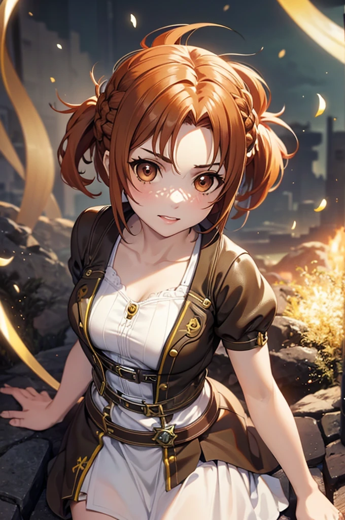 Beautiful 20 year old european woman with dark auburn hair, bangs, short hair, braided updo, freckles, dimples: 1.3, hazel eyes, high quality, high detail, perfect features, perfect face, caught in sword art online, determined look, action pose