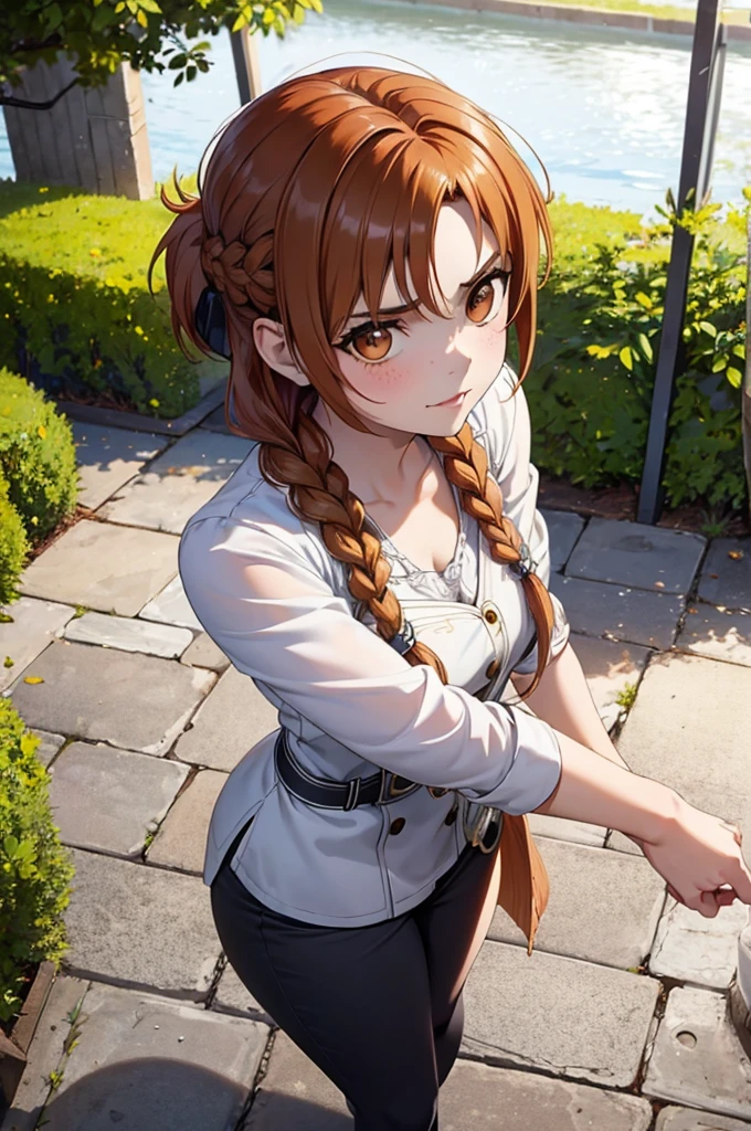 Beautiful 20 year old european woman with dark auburn hair, bangs, short hair, braided updo, freckles, dimples: 1.3, hazel eyes, high quality, high detail, perfect features, perfect face, caught in sword art online, determined look, action pose