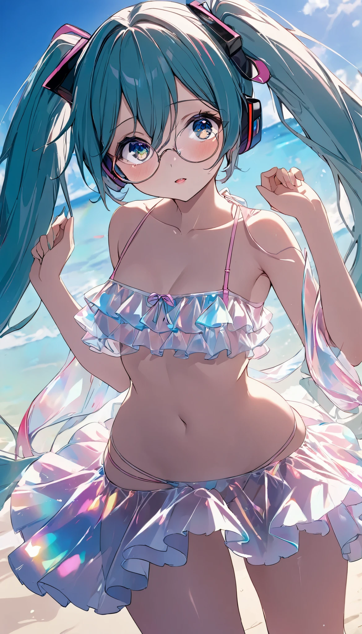 (Incredibly ridiculous absolute resolution:1.5)、(supreme: 1.5)、(top-quality: 1.5)、hight resolution、Ai Hoshino、Purple hair、Five-pointed star in the eye、one delicate naked girl、White Micro Bikini、nearly naked、in poolside、Shy face、Swimsuit digs into female genitalia、sprawl