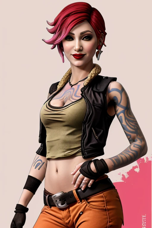 lilith (borderlands), 1girl, arm tattoo, bare shoulders, breast tattoo, breasts, buckle, chest tattoo, cleavage, cloud, collarbone, cropped vest, drum (container), earrings, eyelashes, faux figurine, fingerless gloves, fishnets, from below, handgun, holding, jacket, jewelry, lipstick, looking at viewer, makeup, medium breasts, midriff, navel, nose, open jacket, open vest, orange background, pants, pink lips, planted, portrait, poster (object), pouch, red hair, short hair, smile, solo, stomach tattoo, tattoo, vest, zoom layer, masterpiece, best quality