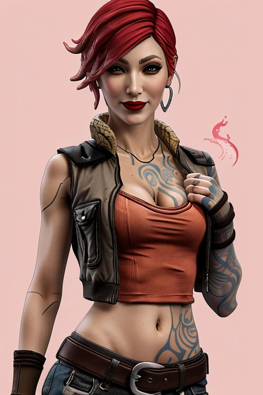 lilith (borderlands), 1girl, arm tattoo, bare shoulders, breast tattoo, breasts, buckle, chest tattoo, cleavage, cloud, collarbone, cropped vest, drum (container), earrings, eyelashes, faux figurine, fingerless gloves, fishnets, from below, handgun, holding, jacket, jewelry, lipstick, looking at viewer, makeup, medium breasts, midriff, navel, nose, open jacket, open vest, orange background, pants, pink lips, planted, portrait, poster (object), pouch, red hair, short hair, smile, solo, stomach tattoo, tattoo, vest, zoom layer, masterpiece, best quality