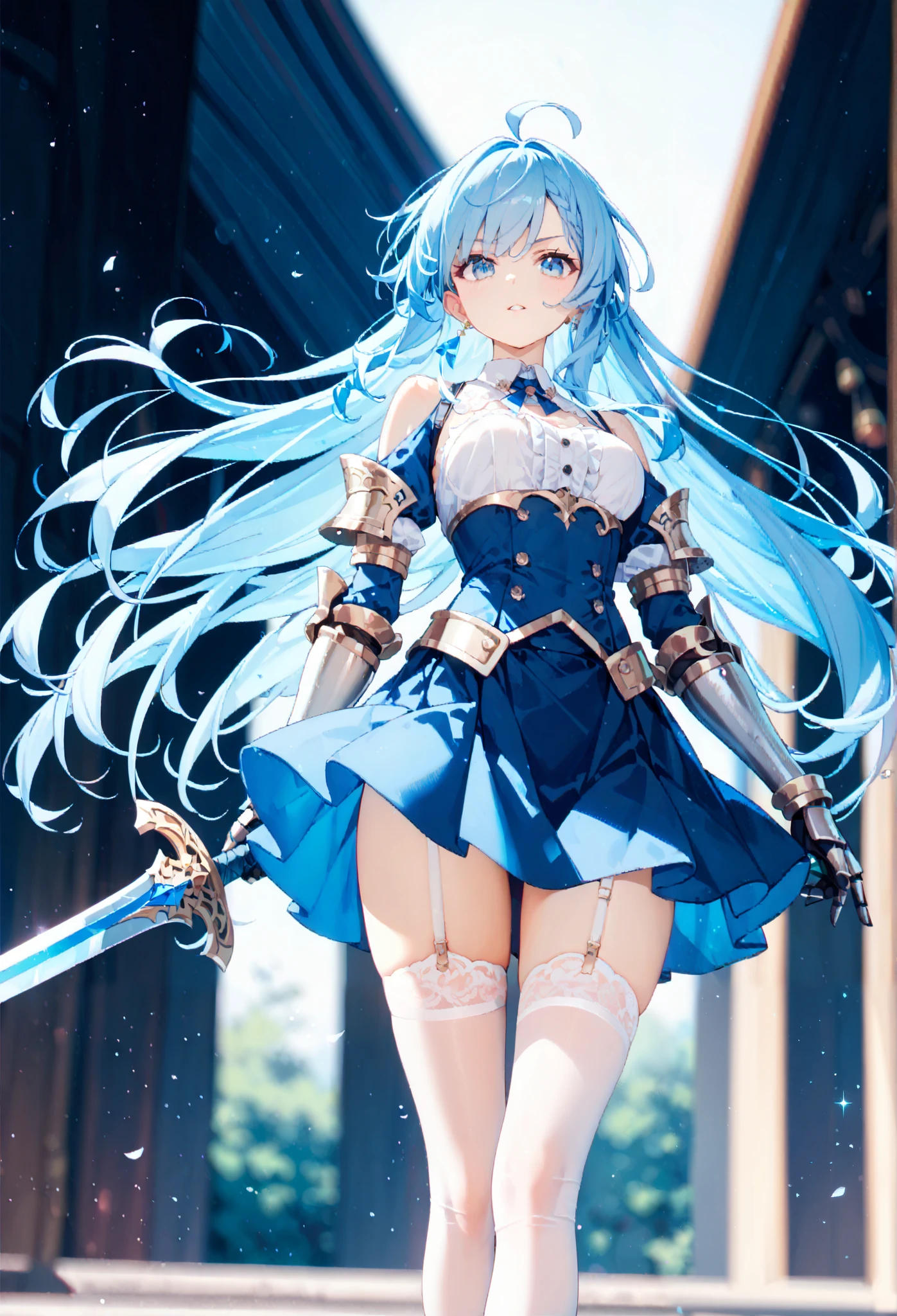 A young girl with long blue braids,Armor Mask,Chest,cleavage,Cyan armor,Full body tights,Iron skirt,thigh,iron boots,ice,sword,Urban ruins