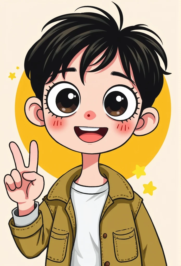   cartoon illustration of a cute boy , big eyes。Round eyes。 portrait，victory✌，casual jacket
，cartoon doodle sketch :15 ， thick lines and solid color   ，messy black lines