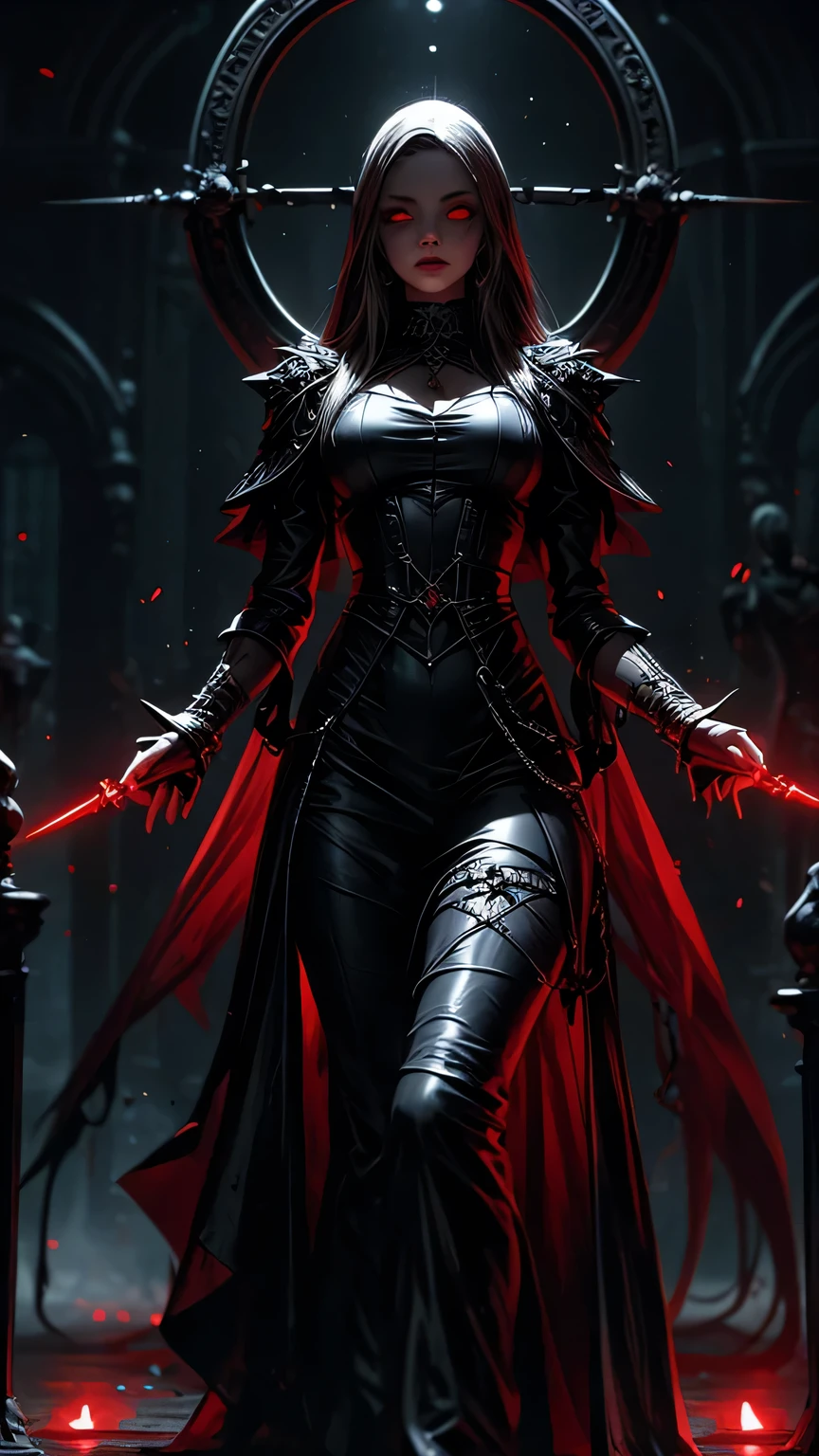 woman, ultra high details, dark fantasy, grim background, bloom, assassin, red glowing eyes, dark environment, walking, bloody ground, sharp chains,