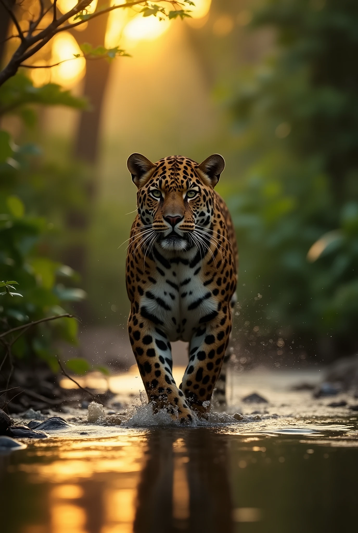 Wildlife photography taken with a Nikon Z 6II camera with a Nikon NIKKOR Z 400mm f/2.8 TC VR S lens, rare shot of Panthera onca is Was in a shallow river in the lush Tropical rainforest of Tambopata National Reserve as the sun begins to set, ((full body)), 35 mm. , f/3, 1/25 sec, ISO 120, shooting distance 5 meters, top angle