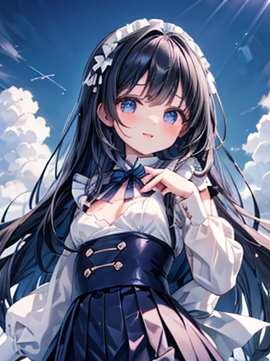 (masterpiece ,Best Quality, insanely detailed),  1 Cute Pure Girl , innocent smile ,Seraph,Blue Collar,  navy pleated skirt  ,from below , blue sky, White Clouds ,Summer sunshine, detailed and beautiful eyes, Sparkling Eyes, glossy lips,  perfect anatomy ,  perfect five fingers , charming,wonderful, Ultra Fine Era , big chest、 black hair long hair、