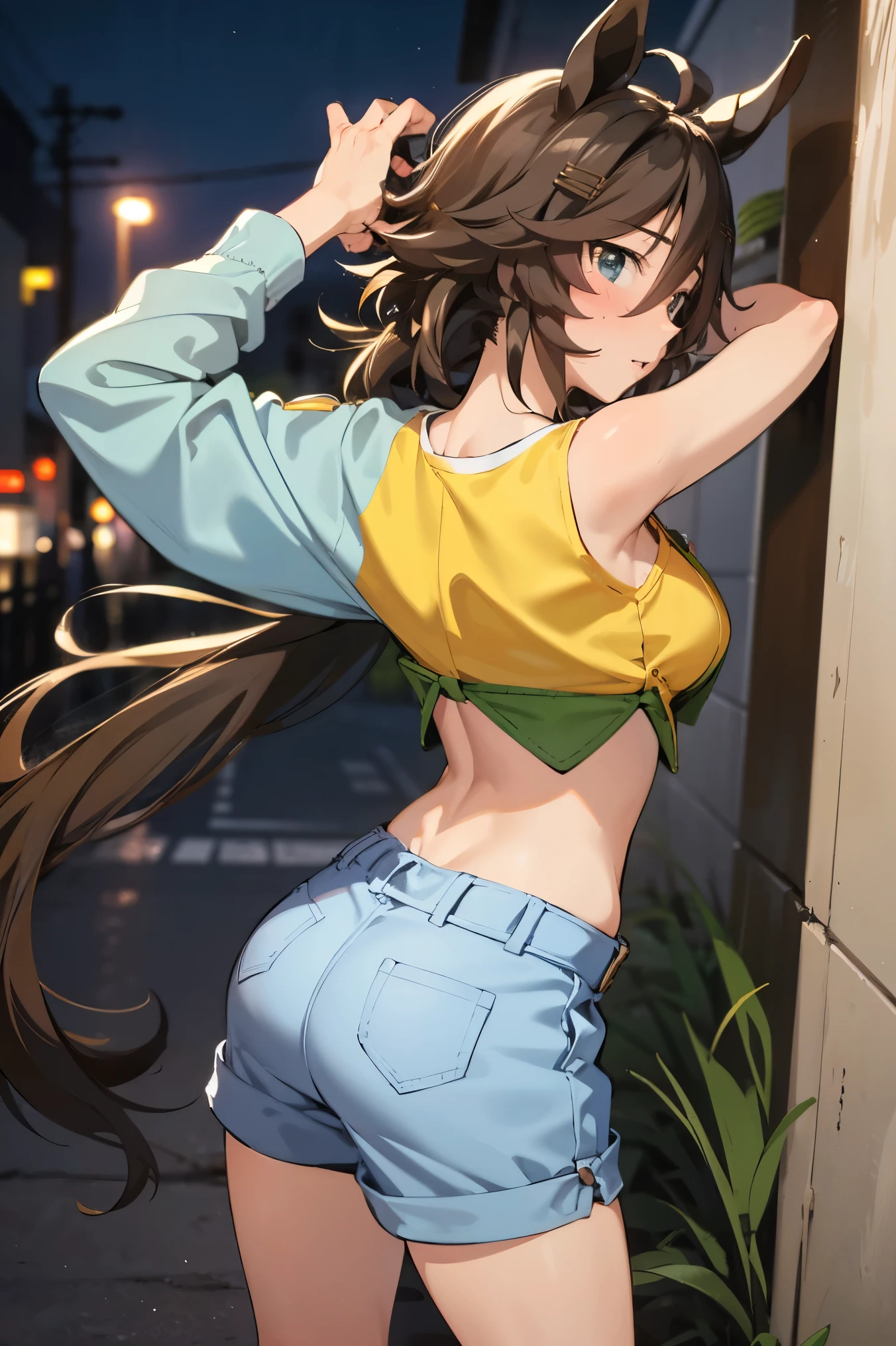 NSFW,masterpiece,Best Quality, Hi-Res, very detailed,mr. c.b. \(Uma Musume\),Embarrassed,blush, off-shoulder , Crop Top , shorts,Heeled Sandals,Nightlife,Back alley at night