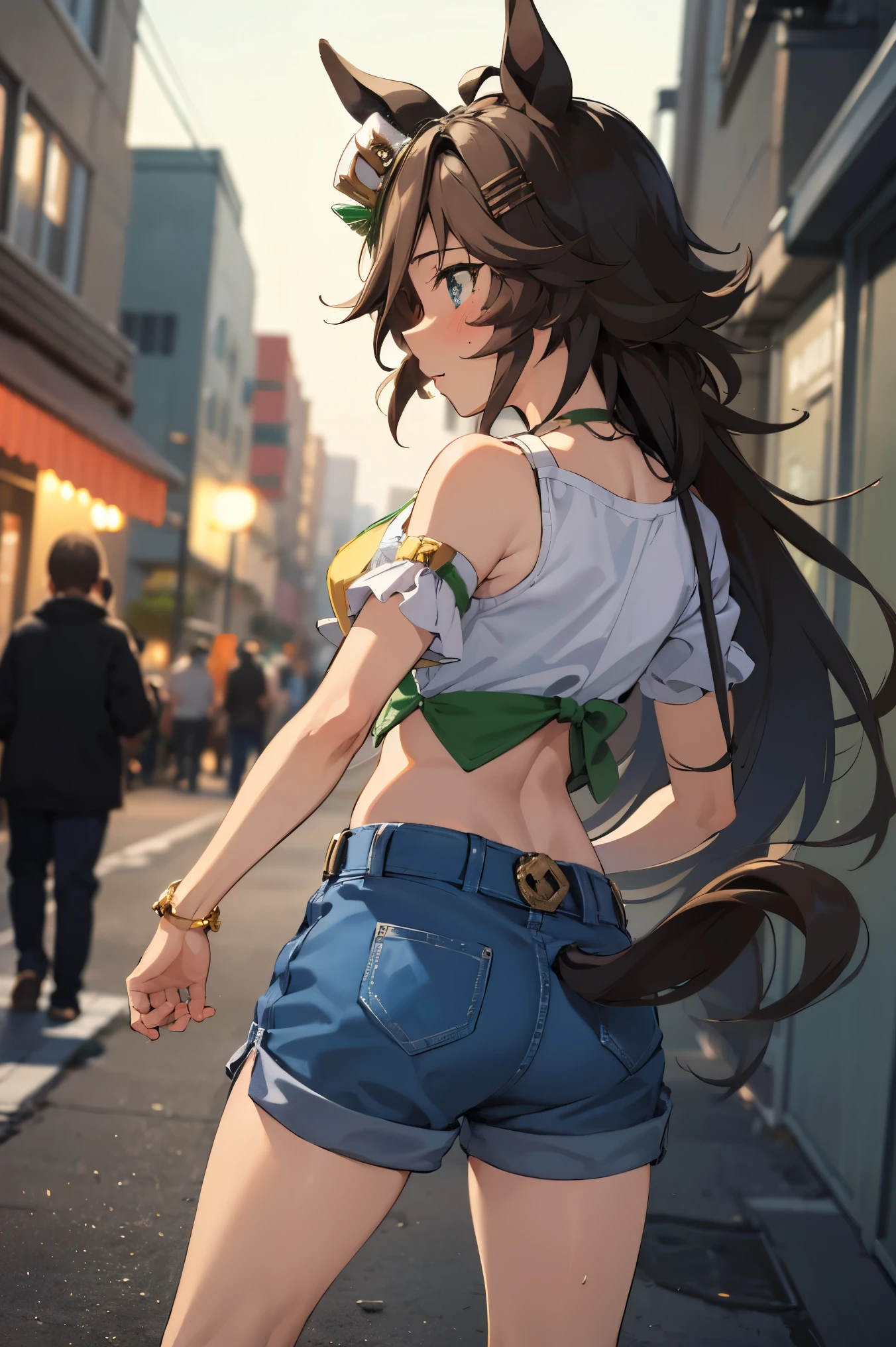 NSFW,masterpiece,Best Quality, Hi-Res, very detailed,mr. c.b. \(Uma Musume\),Embarrassed,blush, off-shoulder , Crop Top , shorts,Heeled Sandals,Nightlife,Back alley at night