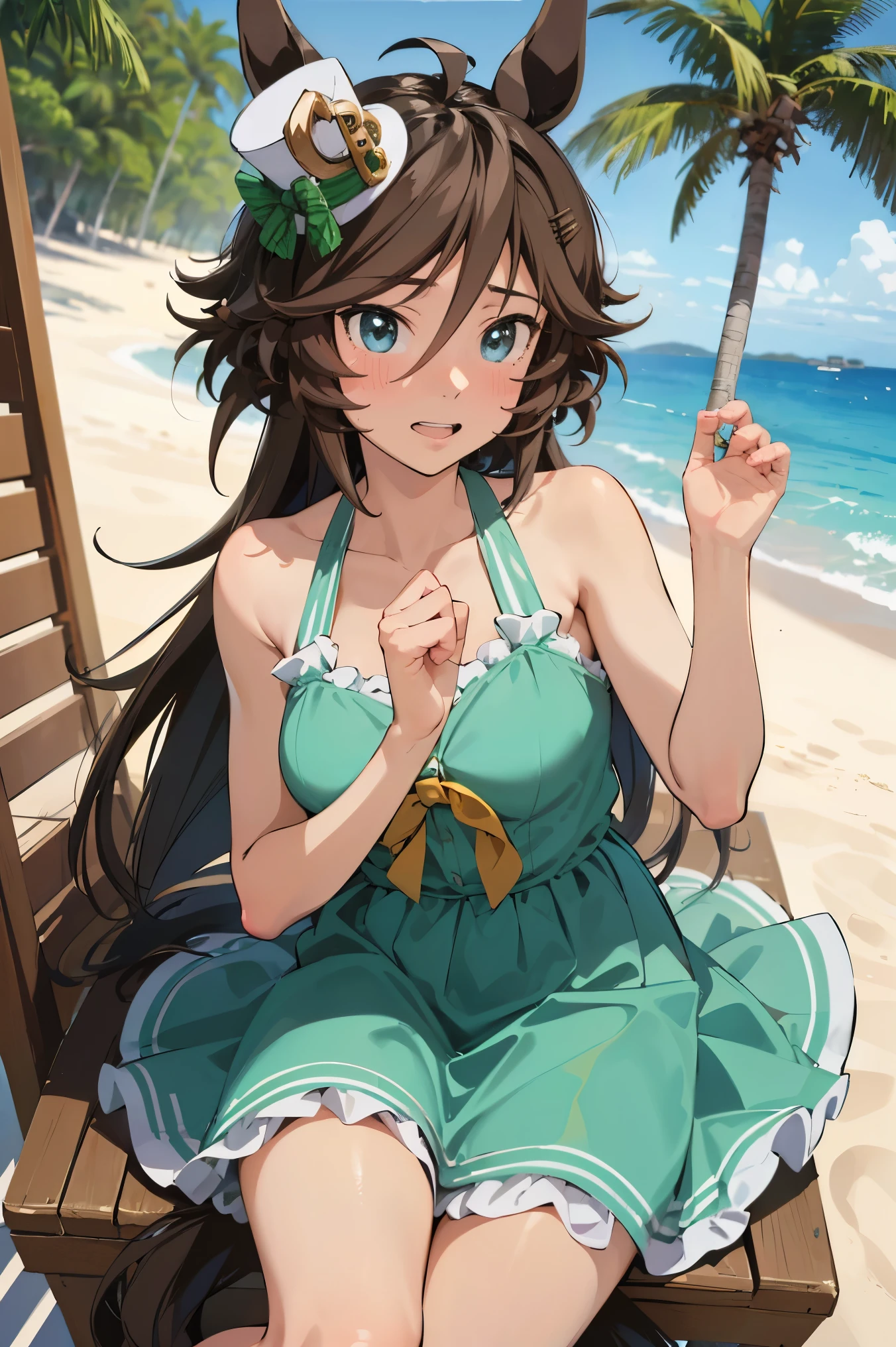 NSFW,masterpiece,Best Quality, Hi-Res, very detailed,mr. c.b. \(Uma Musume\),Embarrassed,blush,bikini,Heeled Sandals,beach, palm trees,Beach House
