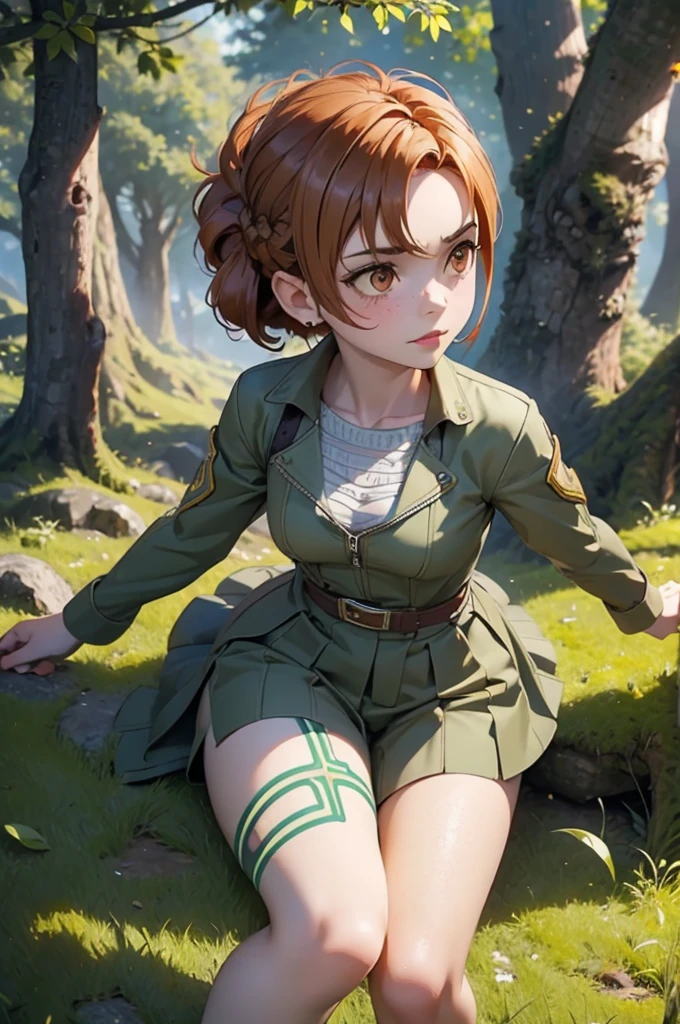 Beautiful 20 year old european woman with dark auburn hair, bangs, short hair, braided updo, freckles, dimples: 1.3, hazel eyes, high quality, high detail, perfect features, perfect face, caught in sword art online, determined look, action pose, fighting a boss monster in the forest, health bar low