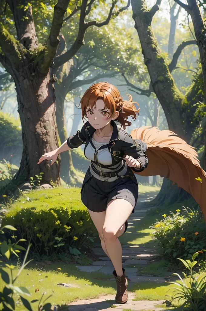 Beautiful 20 year old european woman with dark auburn hair, bangs, short hair, braided updo, freckles, dimples: 1.3, hazel eyes, high quality, high detail, perfect features, perfect face, caught in sword art online, determined look, action pose, fighting a boss monster in the forest, health bar low