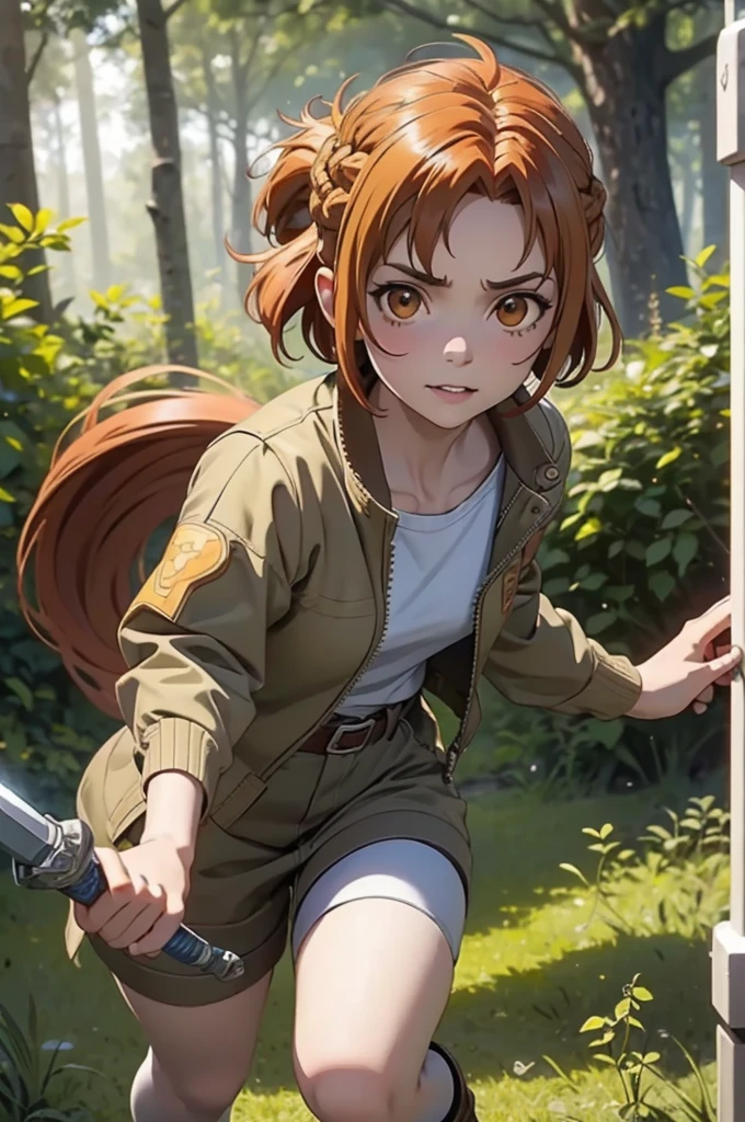 Beautiful 20 year old european woman with dark auburn hair, bangs, short hair, braided updo, freckles, dimples: 1.3, hazel eyes, high quality, high detail, perfect features, perfect face, caught in sword art online, determined look, action pose, fighting a boss monster in the forest, health bar low