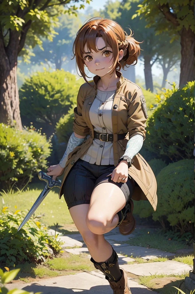 Beautiful 20 year old european woman with dark auburn hair, bangs, short hair, braided updo, freckles, dimples: 1.3, hazel eyes, high quality, high detail, perfect features, perfect face, caught in sword art online, determined look, action pose, fighting a boss monster in the forest, health bar low