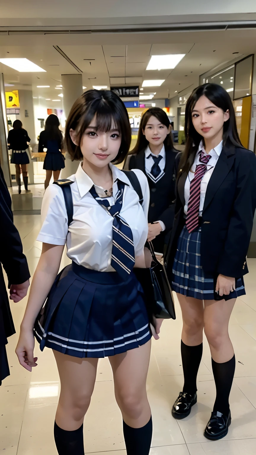 (scene; (3 people:1.8)), gal, (high school girl 3 people), (Shopping mall, Shopping Street, street, Outdoor), (Look this way Are standing, portrait, Are standing, With legs spread, Doing sexy poses), (Thin thighs, Long, slender limbs, Small waist), ((Highly detailed skin), Beautiful realistic face, White skin, Pointed Chest, Perfect Anatomy, Realistic eyes, Natural eyes, Brown Eyes, Accurate eye focus, Accurate limbs), (hyper realist, Ultra-realistic, 4K, Attention to detail, Ultra-high resolution, highest quality, masterpiece, Presence, dynamic, Uplifting, bold, Sharpness), (Huge breasts:1.2), (Cleavage:1.2), (short hair:1.3), (medium hair:1.3), (sleek bangs), (White collared shirt, mini skirt, Navy colored socks, Black loafers, Ribbon tie), Schoolgirl in uniform, Surreal school girl, tall,  in uniform, smile, Emphasis on Cleavage, (Are standing cute schoolgirls 3 people:1.8), 