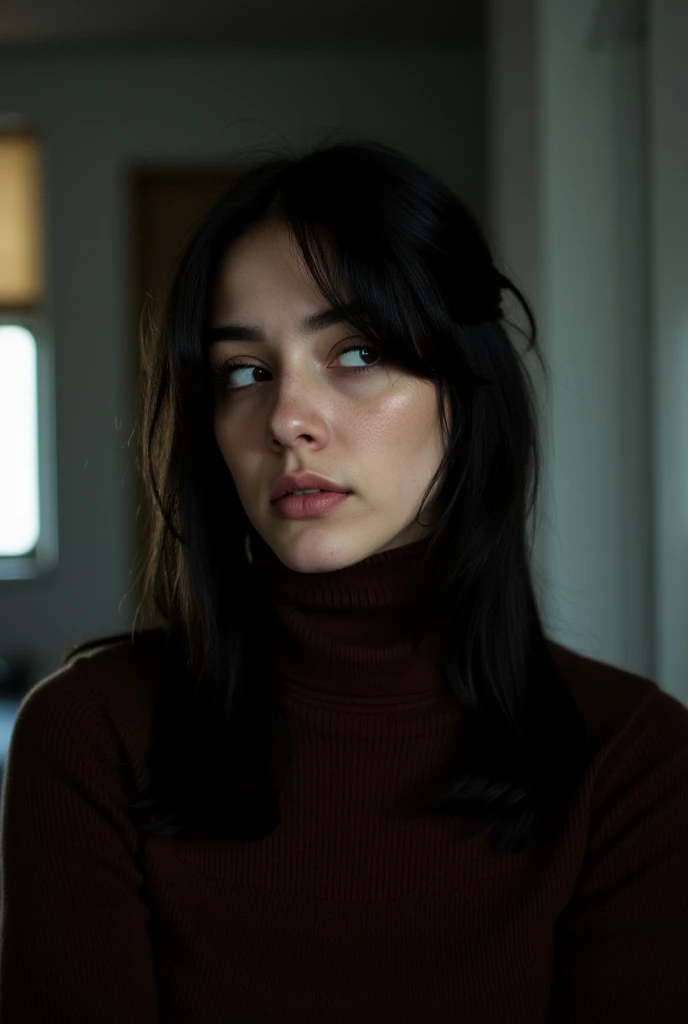 a portrait of a young woman with dark hair. She is wearing a dark brown turtleneck sweater and is looking off to the side with a serious expression on her face. The background is blurred, but it appears to be a room with a window and a wall. The lighting is soft and natural, creating a moody atmosphere. The overall mood of the image is somber and contemplative. aesthetic posing