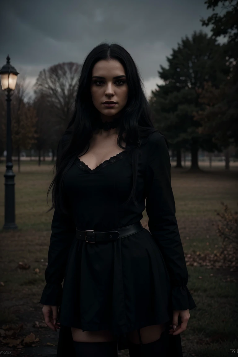 a sexy gothic woman, pale white skin, black hair, mischievous smile, bright red eyes, American features, empty listening street, park, dry scary trees, gloomy atmosphere, detailed realistic portrait, cinematic lighting, dark moody colors, dramatic shadows, photorealistic, masterpiece, 8K, highly detailed, award-winning photo