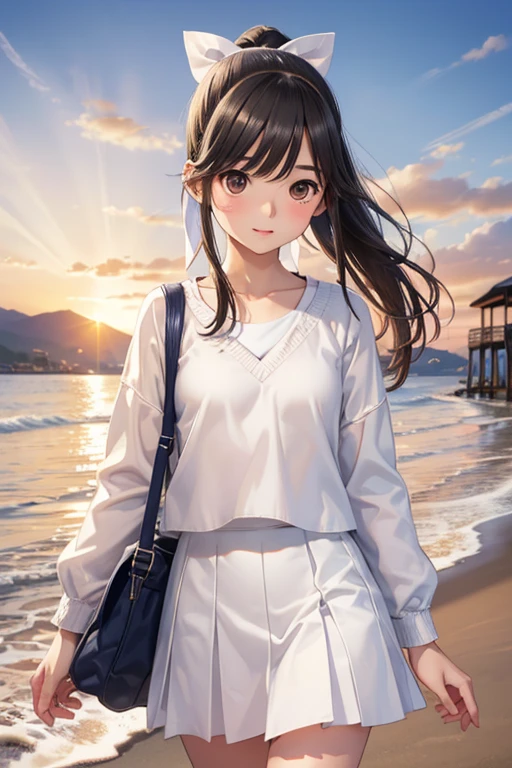 Takane Manaka、 Shiny brown long hair、White ribbon ponytail, beautiful brown eyed middle school students 、smile、Sparkling Eyes, (fine grain)、 very detailed eyes、 very detailed face ,  very detailed eyes, masterpiece, Best Quality,  Hi-Res, (Best Quality,masterpiece:1.2),Alone,Alone、 cowboy shots、


Best Quality、masterpiece、 one girl 、 cute face、shy:0.2、small nose、Fuller lips、  White Camisole 、Beige long sleeve cardigan、 white long skirt with large shield 、barefoot、 very detailed face と肌の質感、 small face、walk、
break、Summer Night、walk along the beach、sunset、Afternoon Sun、Orange Sky、Scarlet Cloud、silence、 evening 、Wabi-sabi art、 Movie Angles 、Inspirational Works、Summer Memories