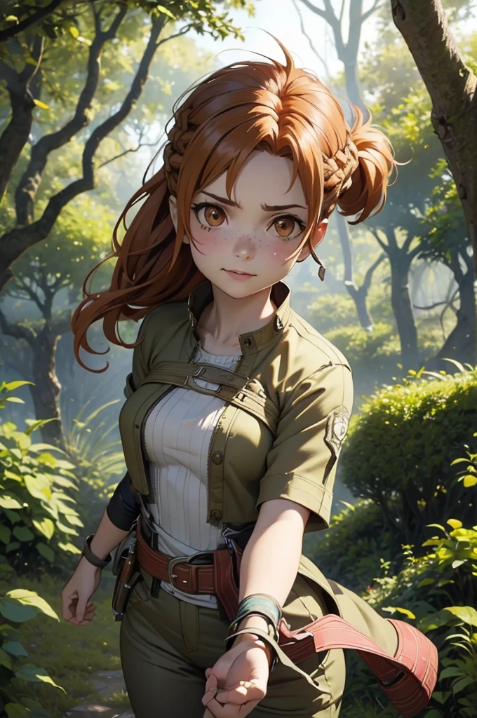 Beautiful 20 year old european woman with dark auburn hair, bangs, short hair, braided updo, freckles, dimples: 1.3, hazel eyes, high quality, high detail, perfect features, perfect face, caught in sword art online, determined look, action pose, fighting a boss monster in the forest, visible health bar, low health