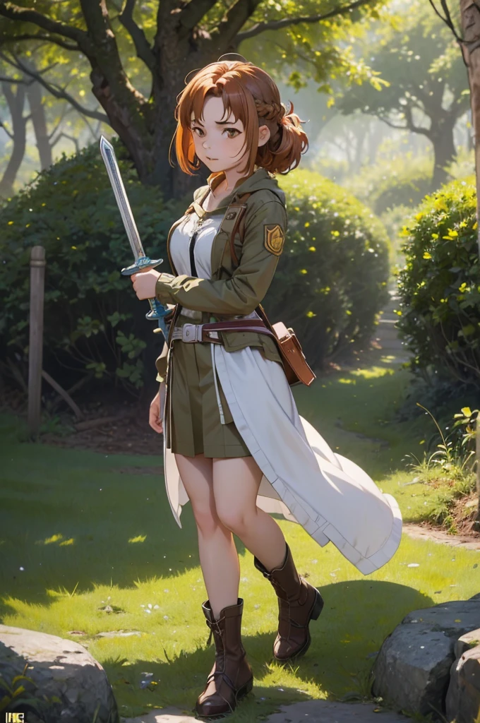 Beautiful 20 year old european woman with dark auburn hair, bangs, short hair, braided updo, freckles, dimples: 1.3, hazel eyes, high quality, high detail, perfect features, perfect face, caught in sword art online, determined look, action pose, fighting a boss monster in the forest, visible health bar, low health