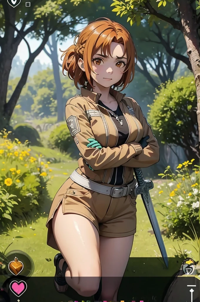 Beautiful 20 year old european woman with dark auburn hair, bangs, short hair, braided updo, freckles, dimples: 1.3, hazel eyes, high quality, high detail, perfect features, perfect face, caught in sword art online, determined look, action pose, fighting a boss monster in the forest, visible health bar, low health