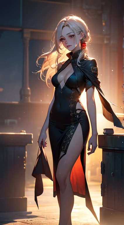 ((Biologically correct limb count)),(( From head to toe,Full-body photo including face)),8k,4K,((Standing position)),masterpiece,((Focus on the face)),((Symmetrical facial features)),Eyes with detailed description,Beautiful woman,Great style,(Small Ass,Thin thighs,(Black Stockings,High heels)),Detailed depiction of the face,(OL,Long skirt,(rain,Lightning strikes,splashes rise),((Blonde)),Focus on the face,Dripping Water,Fantasy,(See-through clothing)