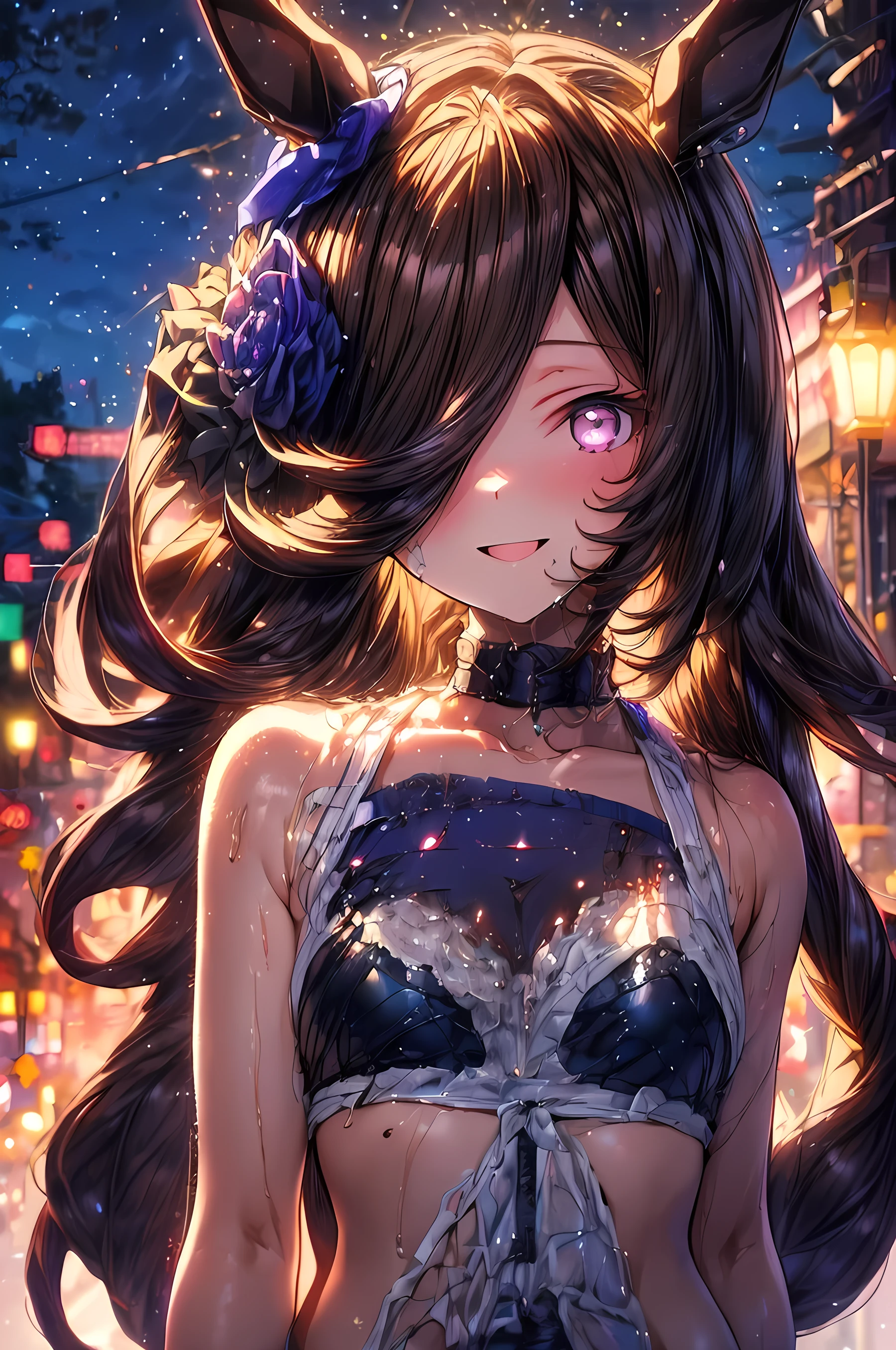 RiceShower,(masterpiece),illustration,(rice shower \(umamusume\)),brown hair,long hair,purple eyes,swept bangs,long bangs,long hair,small breast,hair covers right eye, night sky, street, ,holding, smile,looking at viewer, upper body,blur