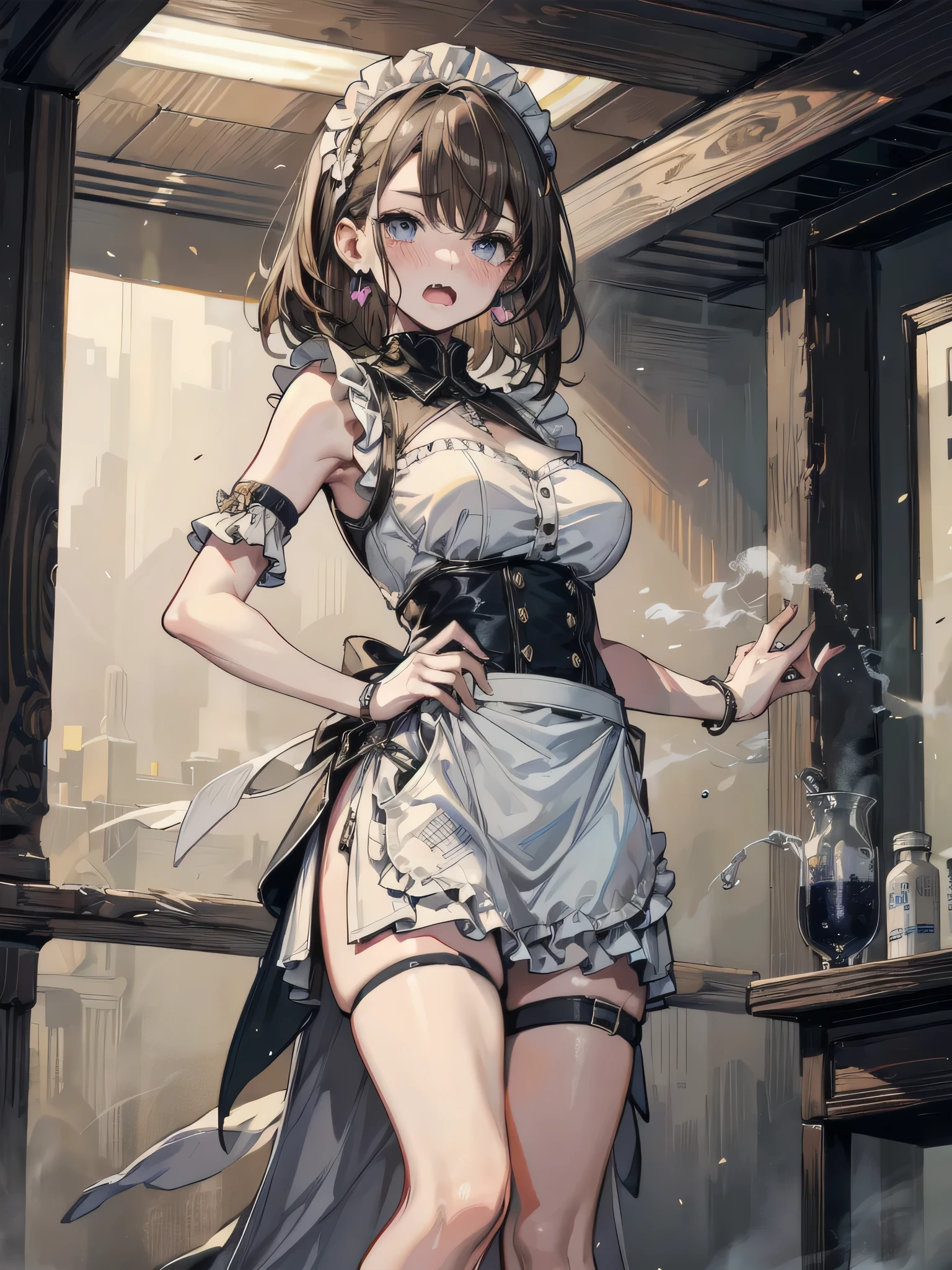 Lena Ryugu, Ryugu Rena, Orange Hair, short hair, Incredibly large purple eyes, 
BREAK Beret, black thighs, bow, bowtie, dress, Have, puffy short sleeve, Puffy sleeves, Holds a large machete in his right hand, white dress, zettai ryouiki, (Small breasts:1.2)，Brown long boots，Standing on a rubbish pile of old electrical appliances, ((Garbage disposal plant，Standing on a pile of home appliances and garbage bags)), Turn around.，Creepy Laughter, Dead Eyes,Psychopath horror、Bloodstained、Drops of blood，Spooky、murder scene, Serial killer, bathed in blood，Clothes with blood on them，BREAK has blood on his cheeks and hands... (Tabletop:1.2), Highest quality, High resolution, unity 8k wallpaper, (figure:0.8), (Beautiful attention to detail:1.6), Highly detailed face, Perfect lighting, Highly detailed CG, (Perfect hands, Perfect Anatomy), Bathed in blood in return, Fisheye Lens, Look up