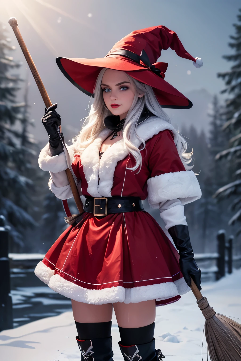 A 30-year-old witch with long gray hair, wearing a red and white hat , black boots , a red skirt and white socks , standing on a winter background , Hold a cart , gloves with detailed face , Beautiful and detailed blue eyes , beautiful and detailed red lips , extremely detailed eyes and face , long lashes , light over the face , ( best quality ,4K,8k, high resolution icon ,masterpiece:1.2),ultradetailed,(realistic, photorealistic , photorealistic :1.37),HDR,Ultra HD, studio lighting ,ultra-fine painting,sharp focus, Extremely detailed description , Professional, vivid colors , Snow floor , white fur coat , white wrap over the neck , holding a witch's bag and broom , neve