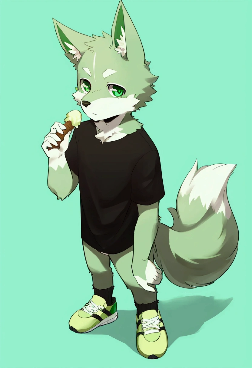 solo, 1boy, Furry, kemono, furry wolf, anthropomorphic, male, lime-colored fur , emerald-colored eyes.Fluffy tail. standing posture,There is a small green crystal sticking out of his forehead,I'm wearing a white T-shirt and a black T-shirt, I'm wearing sneakers, I'm holding a green ice cream in my hand.