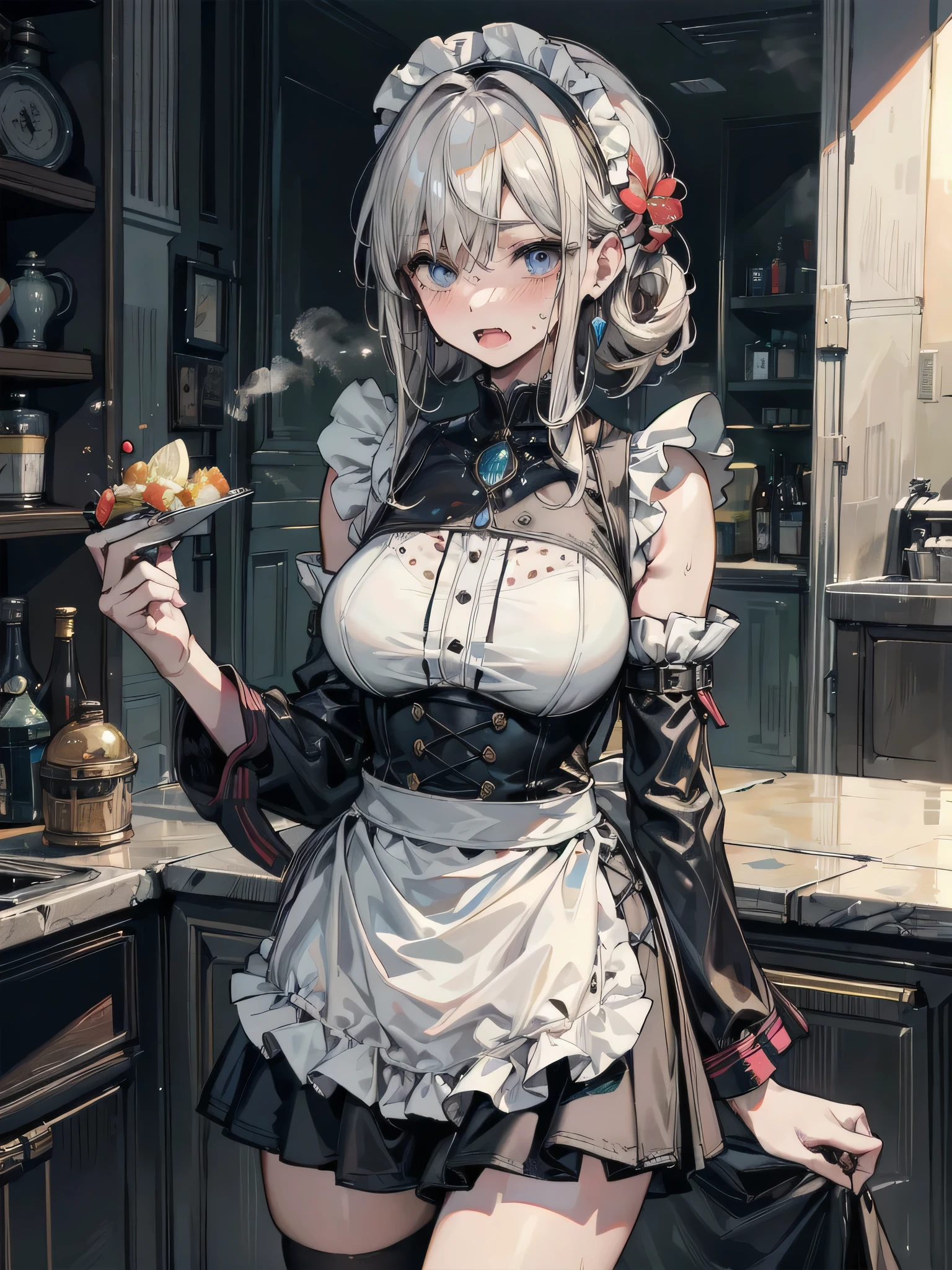 ((((masterpiece, best quality, high resolution)))), 1girl, white hair, red eyes, short wavy hair, average breasts, blush, light smile, parted lips, glow, thighs, bare shoulders, collarbone, narrow waist, cleavage, (beautiful detailed face, beautiful detailed eyes), long slender thighs, perfect eyes, (bikini, maid apron, maid headband), (sunbeam, sunlight, rose, wind, cafe)