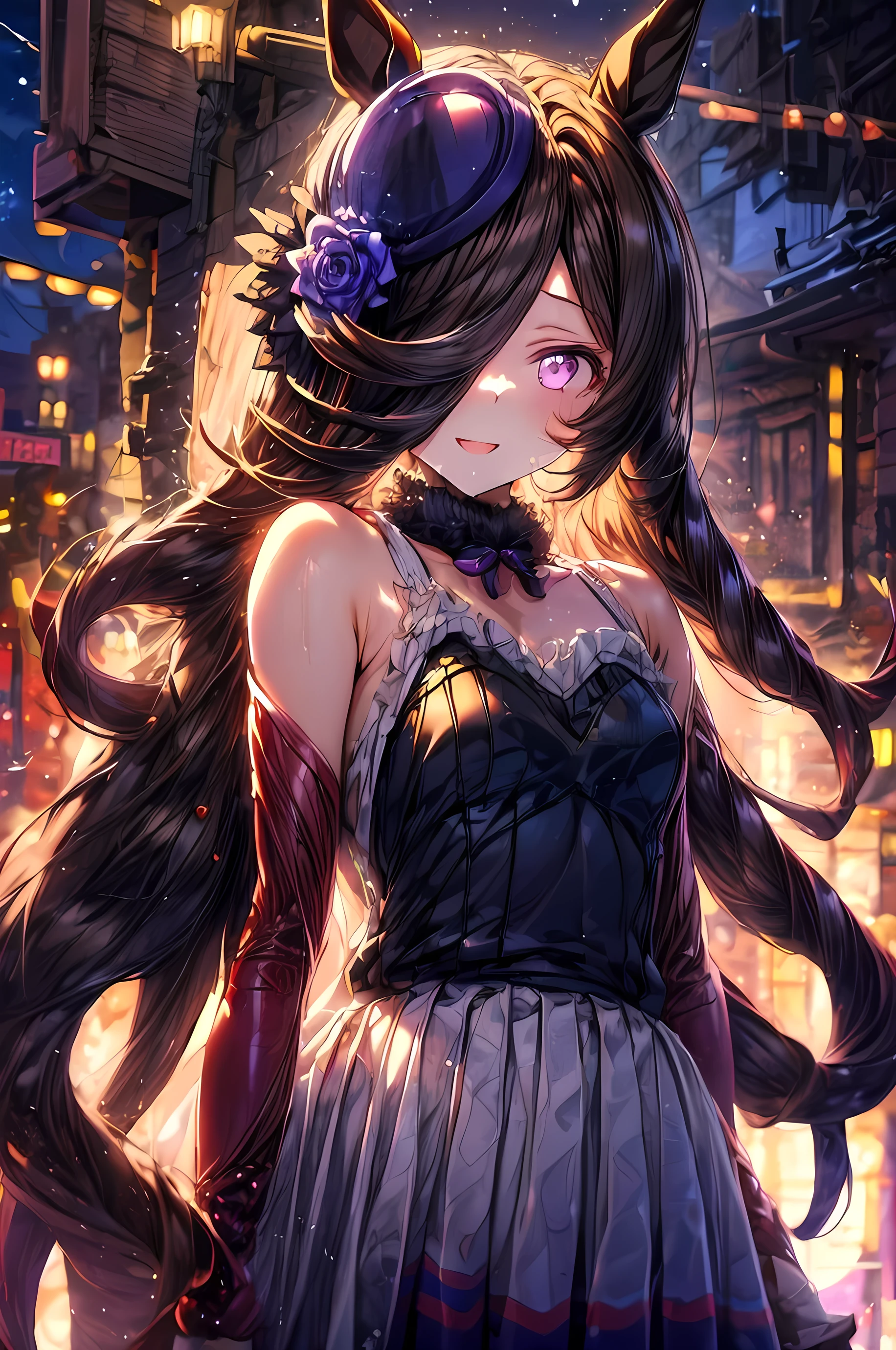 RiceShower,(masterpiece),illustration,(rice shower \(umamusume\)),brown hair,long hair,purple eyes,swept bangs,long bangs,long hair,small breast,hair covers right eye, night sky, street, ,holding, smile,looking at viewer, upper body,blur