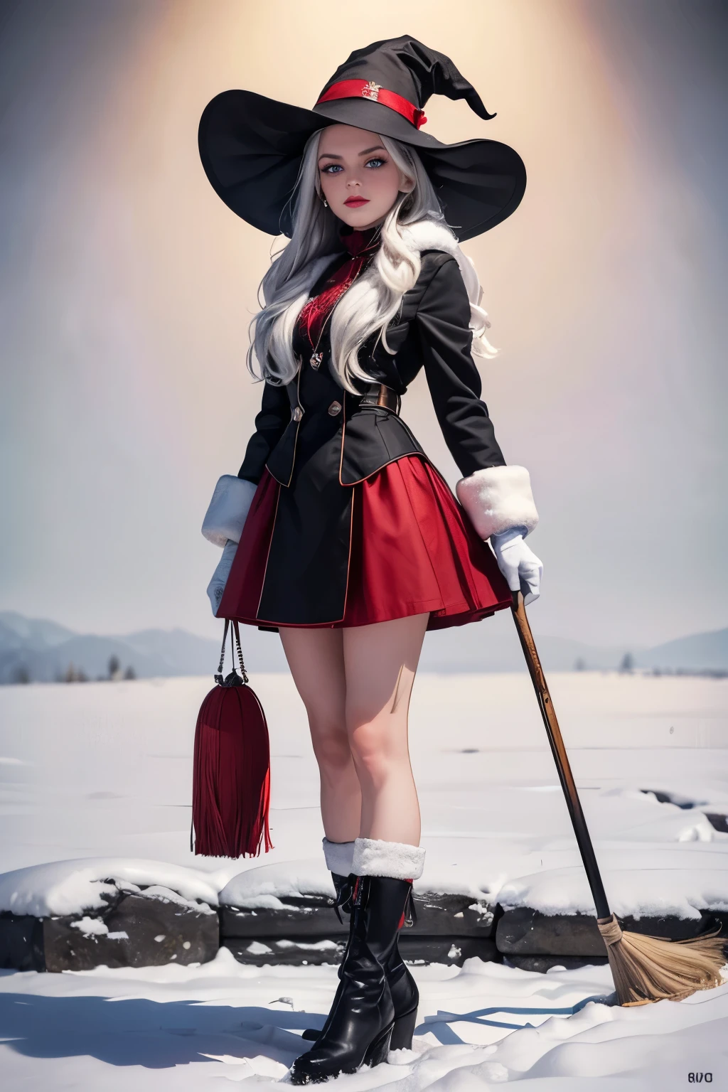 A 30-year-old witch with long gray hair, wearing a red and white hat , black boots , a red skirt and white socks , standing on a winter background , Hold a cart , gloves with detailed face , Beautiful and detailed blue eyes , beautiful and detailed red lips , extremely detailed eyes and face , long lashes , light over the face , ( best quality ,4K,8k, high resolution icon ,masterpiece:1.2),ultradetailed,(realistic, photorealistic , photorealistic :1.37),HDR,Ultra HD, studio lighting ,ultra-fine painting,sharp focus, Extremely detailed description , Professional, vivid colors , Snow floor , white fur coat , white wrap over the neck , holding a witch's bag and broom , neve
