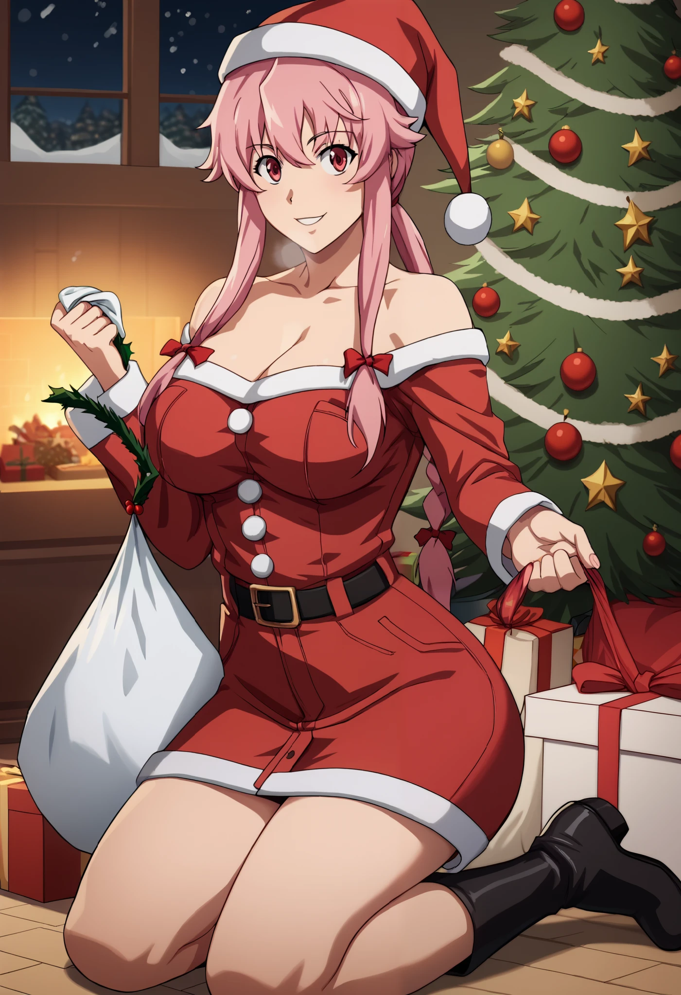 yun_fd, long pink hair, 1girl, solo, (large_breasts:1.5), Yuno Gasai as Santa Claus, she is placing presents underneath the Christmas tree out of a red Santa, sack one girl, Christmas tree, presence, large_breath, red Santa sack, presents underneath the Christmas tree, Santa hat, snow outside the window, Santa coat, ((kneeling down: 1.5)), ((putting present on the Christmas tree:1.7)), not looking at viewer, looking away, ((no lights, no light: 1.5)), where is Santa Claus, wearing black boots, smiling, happy SFW, night, Christmas Eve, holding and centres list, (delivery_presence;1.5),