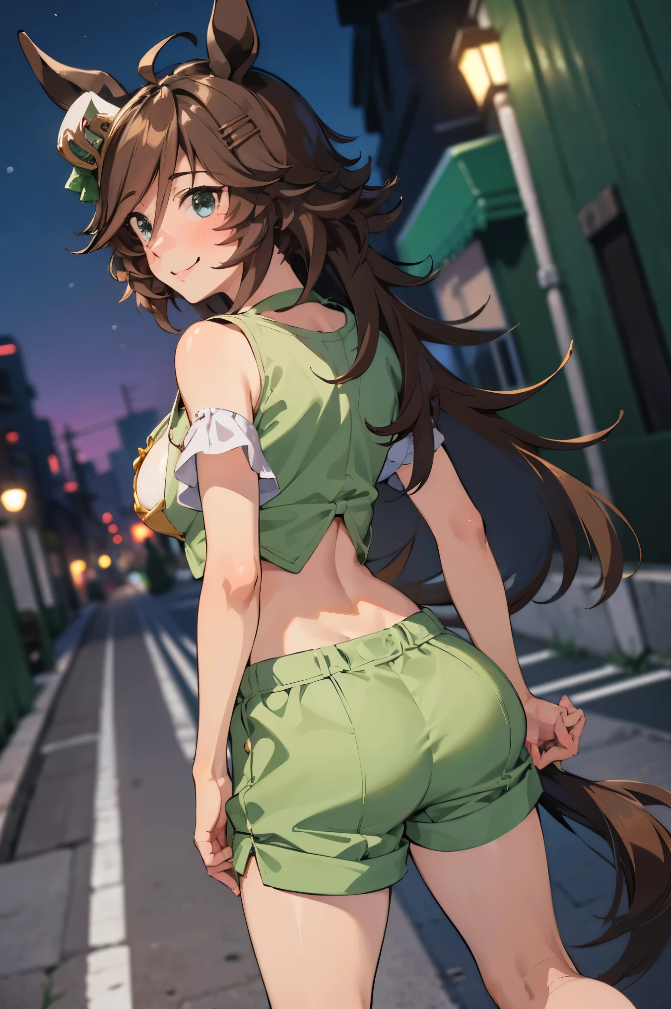 NSFW,masterpiece,Best Quality, Hi-Res, very detailed,mr. c.b. \(Uma Musume\),Embarrassed,blush,smile, off-shoulder , Crop Top , shorts,Heeled Sandals,Nightlife,Back alley at night