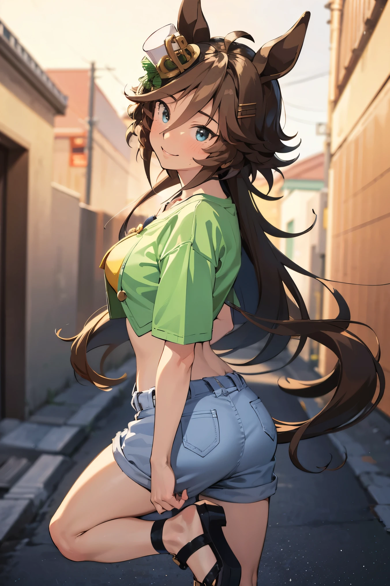 NSFW,masterpiece,Best Quality, Hi-Res, very detailed,mr. c.b. \(Uma Musume\),Embarrassed,blush,smile, off-shoulder , Crop Top , shorts,Heeled Sandals,Nightlife,Back alley at night