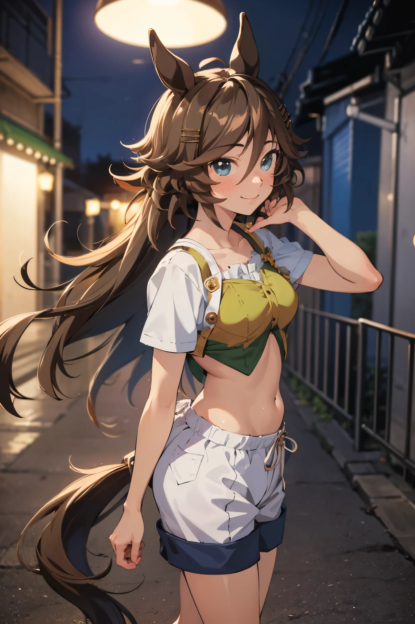 NSFW,masterpiece,Best Quality, Hi-Res, very detailed,mr. c.b. \(Uma Musume\),Embarrassed,blush,smile, off-shoulder , Crop Top , shorts,Heeled Sandals,Nightlife,Back alley at night