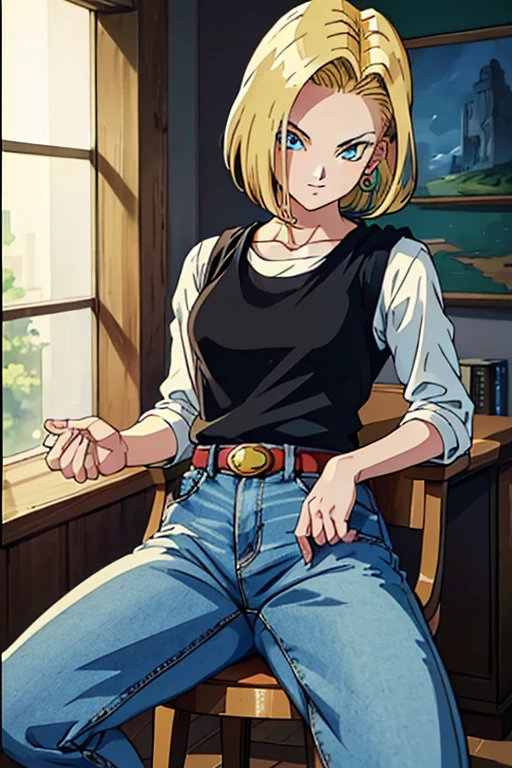 (masterpiece,Best Quality, 4K, 8k, Ultra delicate, masterpiece:1.2), Super detailed, (Realistic, photoRealistic, photo-Realistic:1.37) , Dragon Ball Android No. 18,Created in Dragon Ball anime style,(Her hair is bright gold),Bob Hair,Show your forehead,Android 18 hairstyle,(Realisticな肌),smile, beautiful skin , Charming, beautiful details in her eyes ,Beautiful light blue eyes, White Bead Number Necklace,black gilet ,jeans,shirt, tuck in ,Android No. 18 Clothes ,(rock,rock場),fight,Sunshine spot 1.3,アートスタイルはCharmingなアニメスタイルに似ている, rendering, HDR must be added for better visual effects  ,Ultra delicate,  studio lighting  , Fine painting,  sharp concentration, 物理ベースrendering, professional,  bright color ,(((Best Quality))), ((Super detailed)),((masterpiece:1.5)), Detailed Photos, (Best Quality: 1.4), Ultra delicate, High image quality,Perfect means,Perfect body,Perfect means