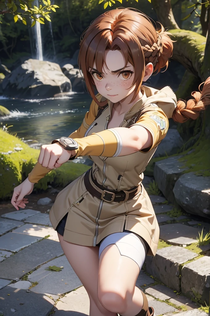 Beautiful 20 year old european woman with dark auburn hair, bangs, short hair, braided updo, freckles, dimples: 1.3, hazel eyes, high quality, high detail, perfect features, perfect face, caught in sword art online, determined look, action pose, fighting a boss monster in the forest, video game visible health bar, low health