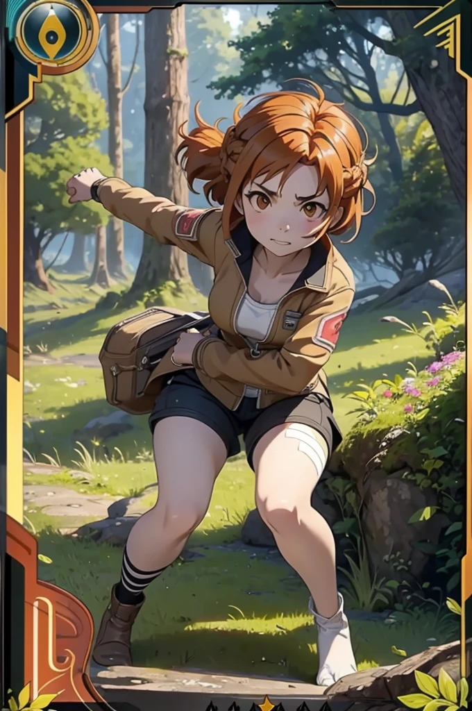 Beautiful 20 year old european woman with dark auburn hair, bangs, short hair, braided updo, freckles, dimples: 1.3, hazel eyes, high quality, high detail, perfect features, perfect face, caught in sword art online, determined look, action pose, fighting a boss monster in the forest, video game visible health bar, low health