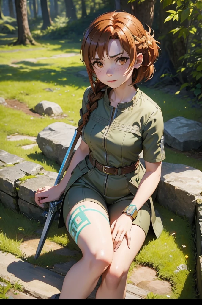 Beautiful 20 year old european woman with dark auburn hair, bangs, short hair, braided updo, freckles, dimples: 1.3, hazel eyes, high quality, high detail, perfect features, perfect face, caught in sword art online, determined look, action pose, fighting a boss monster in the forest, video game visible health bar, low health