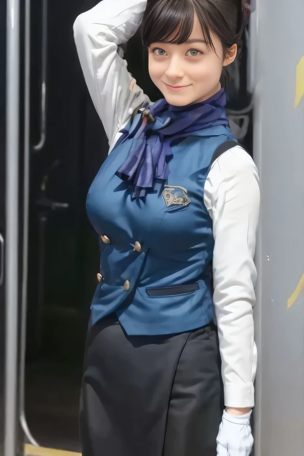 (masterpiece:1.2, Best Quality:1.2), 32kHDR, kampala, (Alone、 1 girl)、(What is 、 Professional Lighting)、In-flight background、(Nankai Train crew uniformを着たリアルなスタイル)、(( Nankai Train Crew Uniform Collarless Blouse Long Sleeve 、 Black Curled Culottes Skirt 、Scarf around the neck))、 Dark brown hair 、( Long Hair、Hair tied up、Hair tied up)、 Dark brown hair 、 Long Hit 、Big Breasts、Thin legs、((Great hands:2.0)),(( Harmonious Body Proportions :1.5)),((Normal limbs:2.0)),((Usually refers to:2.0)),(( DELICATE EYES FULL OF DECISION:2.0)),((Normal eyes:2.0)))、smile、(Nankai Train crew uniformを着た美しい姿)、Cross your hands underneath