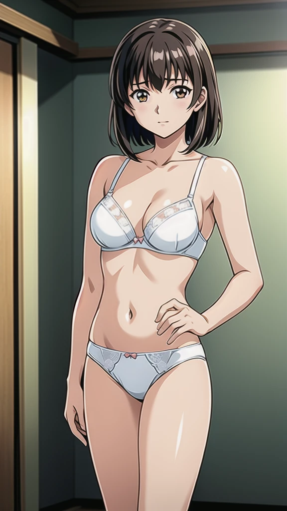 Yamagata Rika、21 years old、Brown Hair、 bob cut from the front、悲しいface、Brown Eyes 、 Full Body Style 、 normal breasts、、 narrow waist 、Bare legs、In underwear、、 upper body bra、 white bra、lower body panties ，White ribbon panties，White pumps、 Official Art, Extremely Detailed CG Unity 8k Wallpaper, full light,  colorful , bright _ Front_face_Lighting,  shiny skin, ( masterpiece:1.0),(Highest_quality:1.0), 超 Hi-Res,4K, super detailed photo shoot, 8k,  Hi-Res,  Hi-Res,  absurd:1.2,  Kodak Portra 400, film grain,  blurry background, Bokeh:1.2,  lens flare , ( lively_ color:1.2), Professional photography, Anime Images、