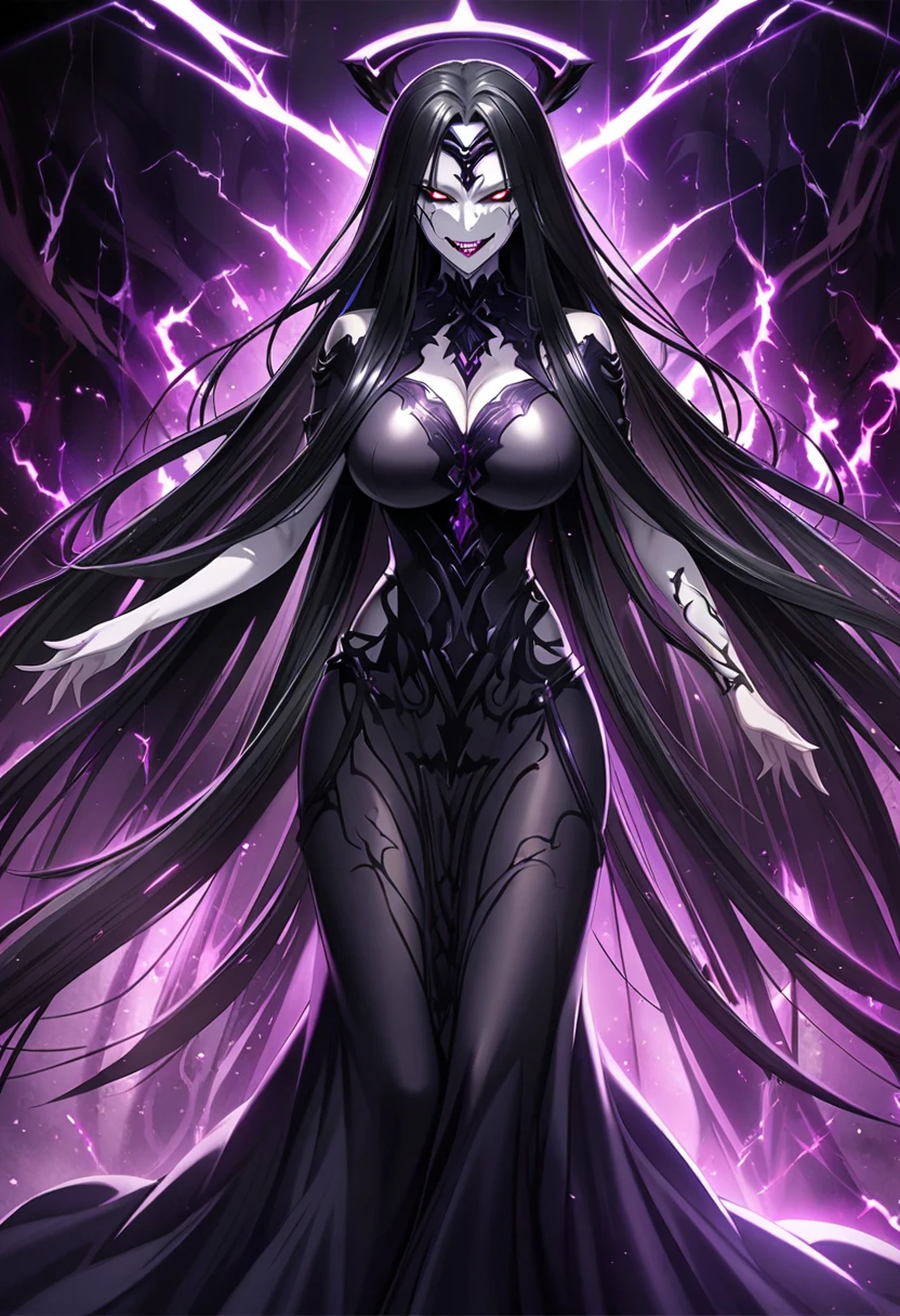 A girl with long straight dark hair, eyes with dark pupils, She has defined muscles and thighs, but that&#39;s normal for a beautiful woman., she wears dark pants and does not wear a shirt showing her medium breasts, and a dense dark energy over your body, which only covers your arms leaving them completely dark, her aura is completely dark and only covers her arms, leaving her bare breasts exposed, dark eyes and his intense dark aura over his body 