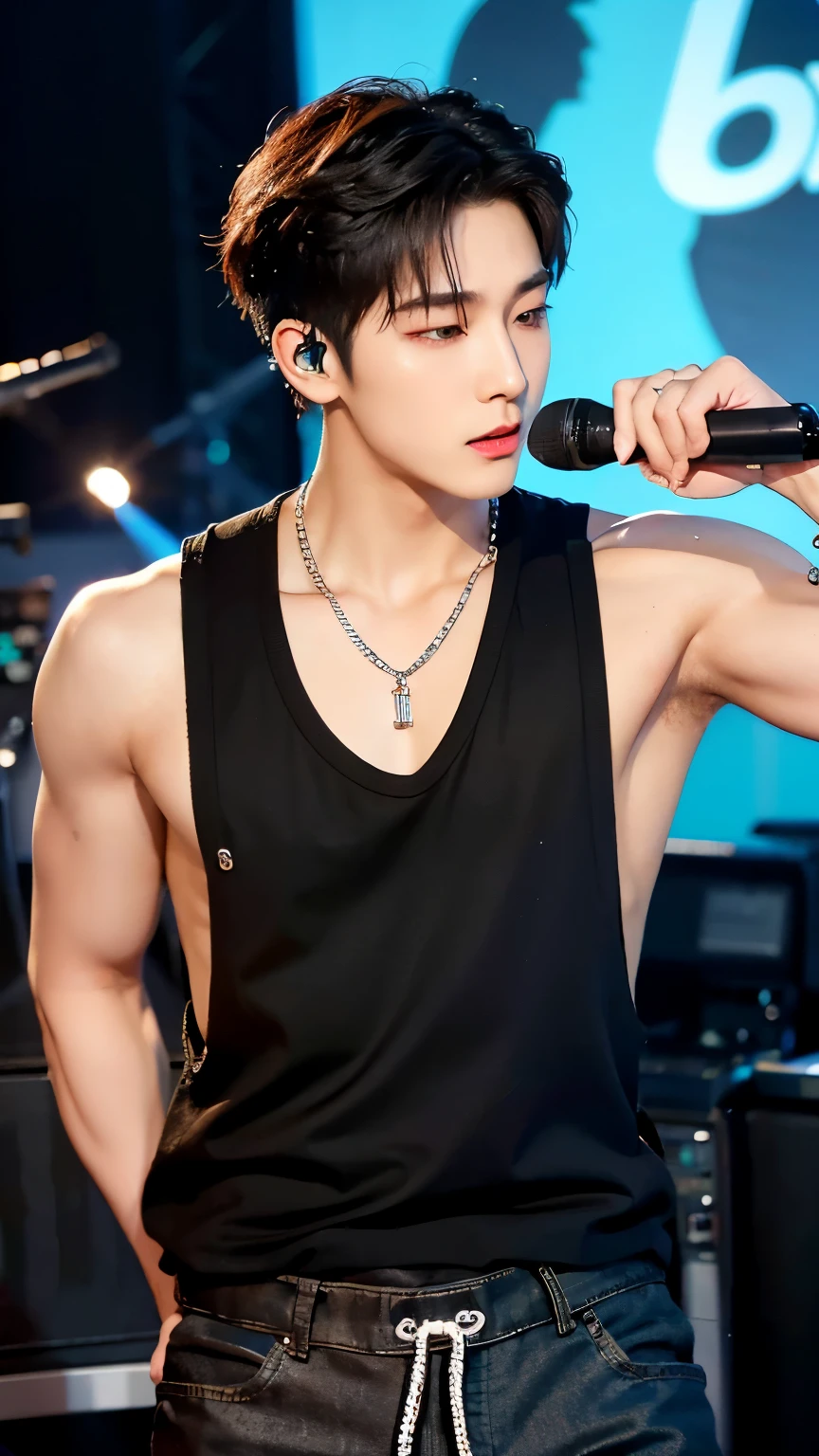 Wonoo Seventeen ,A close-up shot of a handsome Korean male singer adjusting his microphone and putting on studio headphones, looking focused and ready to perform. He is wearing all black low-cut tank top and Low-waisted tight pants, and a silver chain around his neck, subtly revealing his physique. The lighting is dim and intimate, creating a serious and concentrated atmosphere. The style is realistic and cinematic, with soft, low-contrast tones to convey the quiet tension before his performance