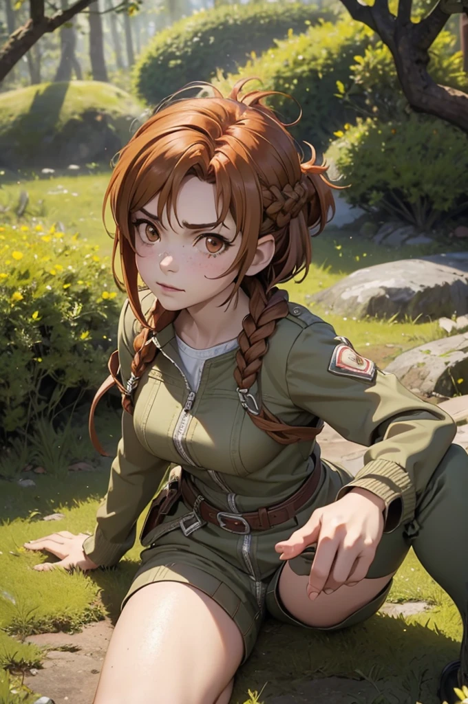 Beautiful 20 year old european woman with dark auburn hair, bangs, short hair, braided updo, freckles, dimples: 1.3, hazel eyes, high quality, high detail, perfect features, perfect face, caught in sword art online, determined look, action pose, fighting a boss monster in the forest, injured, tired, dirty