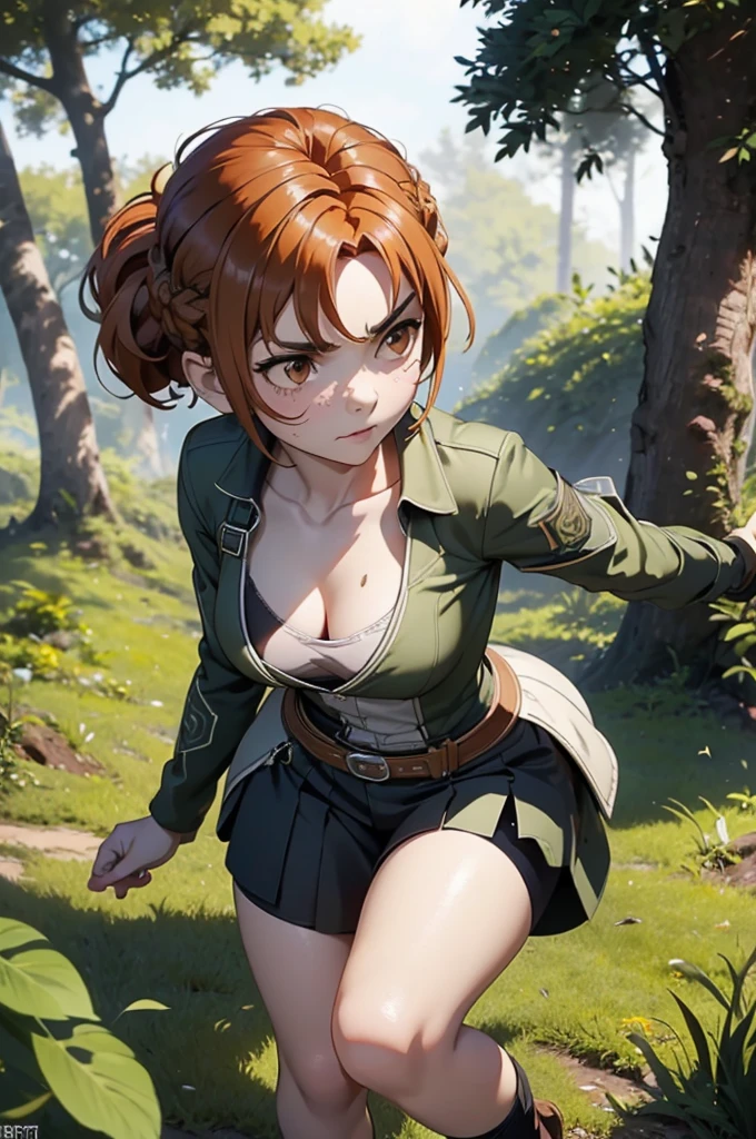 Beautiful 20 year old european woman with dark auburn hair, bangs, short hair, braided updo, freckles, dimples: 1.3, hazel eyes, high quality, high detail, perfect features, perfect face, caught in sword art online, determined look, action pose, fighting a boss monster in the forest, injured, tired, dirty