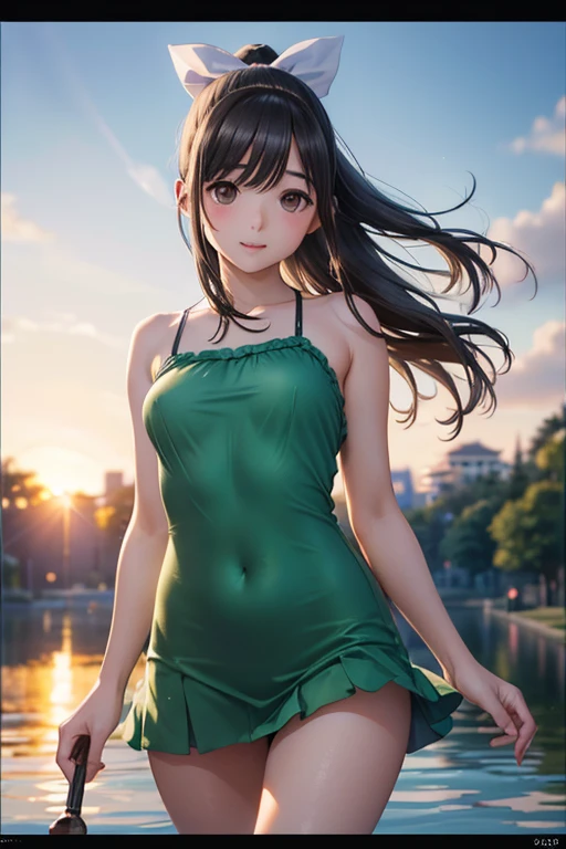 Takane Manaka、 Shiny brown long hair、White ribbon ponytail, beautiful brown eyed middle school students 、smile、Sparkling Eyes, (fine grain)、 very detailed eyes、 very detailed face ,  very detailed eyes, masterpiece, Best Quality,  Hi-Res, (Best Quality,masterpiece:1.2),Alone,Alone、 cowboy shots、


nsfw,Plump nipples、
(masterpiece), (  Pictures Very Difficult :1.3),  floating on the surface of the water,  The most beautiful in the world, ( Tight Green Camisole Mini Dress ), Satin Reflections , Outdoor, Outdoor, Outdoor, Intense sunlight, Distant Fortress ,  Professional Photo Details of Stunningly Beautiful Women,  sharp concentration, dramatic, Awards,  Movie Lighting,  Octane Rendering Unreal Engine ,  volumetric DTX , (film grain,  blurry background,  blurry foreground , Bokeh,  written border depth , sunset,  Motion Blur :1.3)