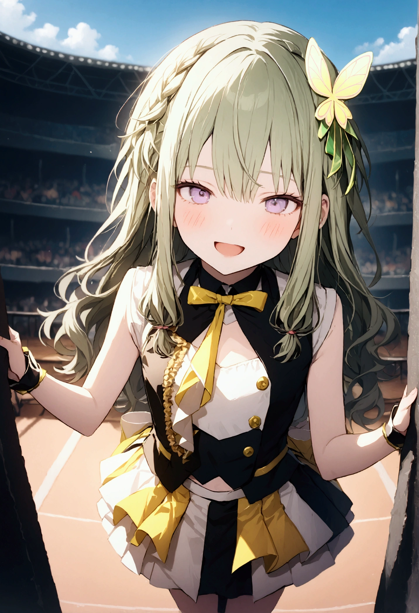 High image quality 、masterpiece、 High Quality  、Full HD、4K 、 depict only one girl、View from above、Show me your whole body、Kusanagi Nin々、Green long hair 、Yellow butterfly hair ornament、 purple eyes、slim、white, green and yellow idol uniform、 smile、Blushing cheeks、Red  on cheeks、 flat chest、Stretch your legs and show me 、 wearing white boots、 skirt swings 、small outdoor stage 、 no-one stage 、Dancing alone、 open your mouth、Singing、blue sky